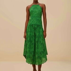 Farm Rio Green Palm Tree Eyelet Halter Neck Midi Dress
